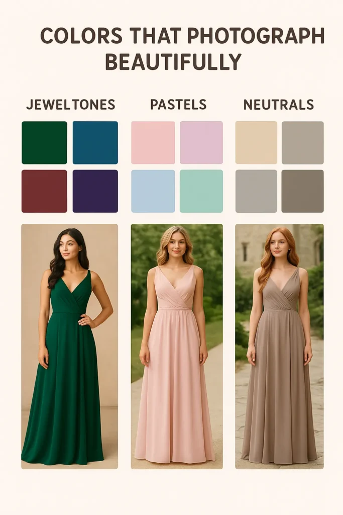 Color palette of wedding guest dress shades that photograph beautifully in different seasons.