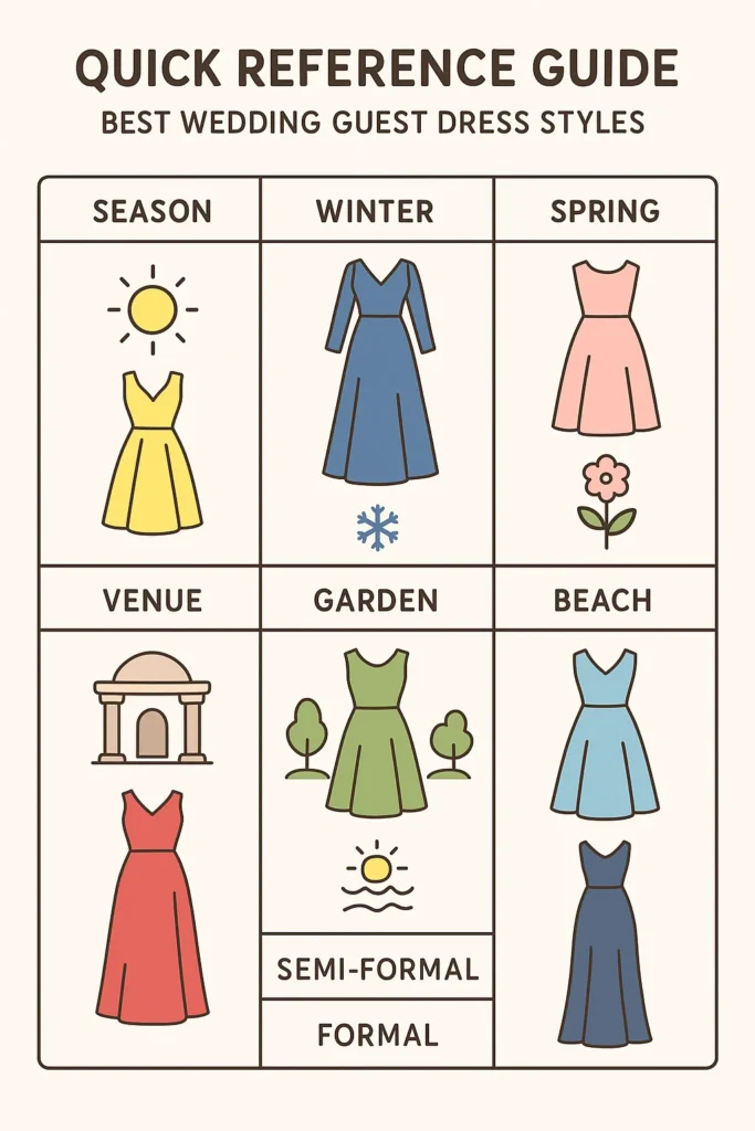 Quick reference guide showing best wedding guest dress styles by season, venue, and formality