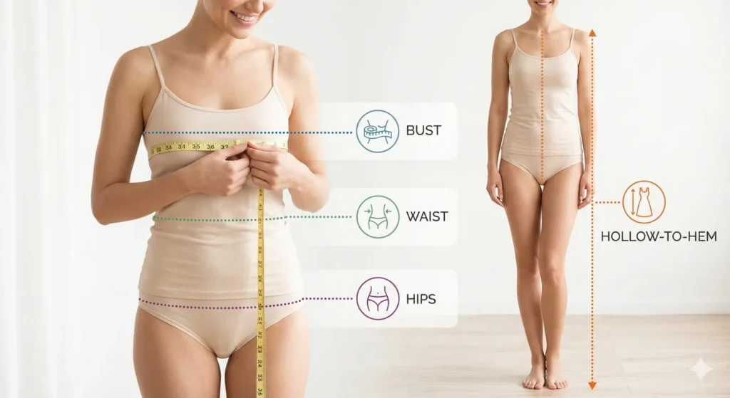 adult model to demonstrate how to measure for a formal dress