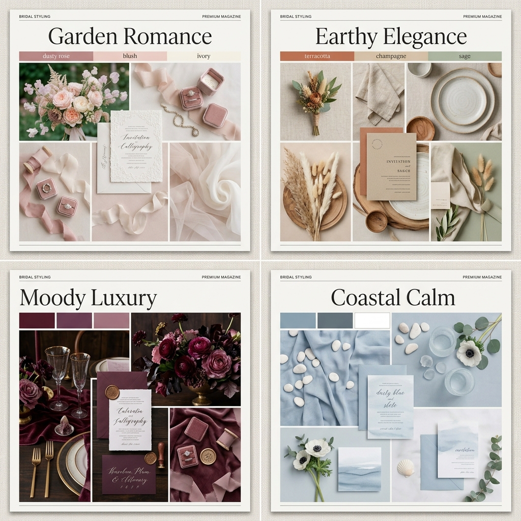 2026 Trending Palette Four wedding styling themes: Garden Romance, Earthy Elegance, Moody Luxury, Coastal Calm with color palettes and decor.