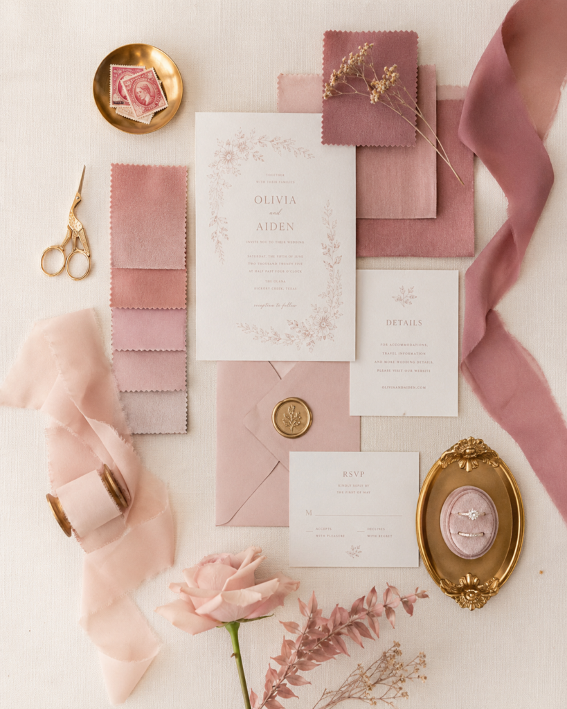 Color Rule Elegant wedding invitation suite featuring pink tones, floral designs, and decorative elements.