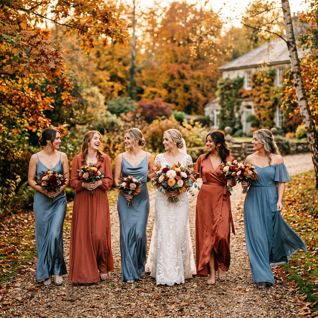Complementary Colors Six women in elegant dresses walk together, holding bouquets, surrounded by autumn leaves.