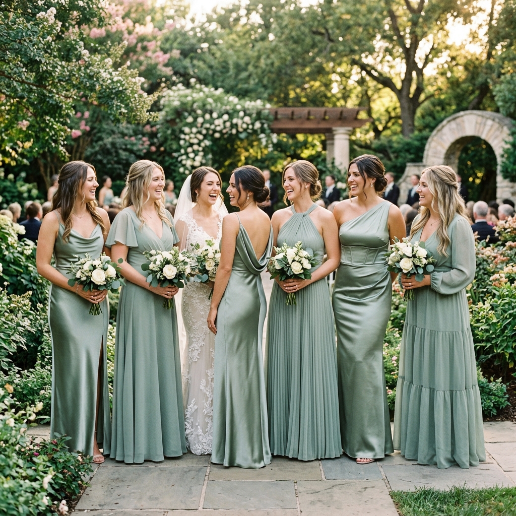 Fabric Mixing Rules A bride and six bridesmaids in green dresses, smiling and holding white bouquets in a garden.