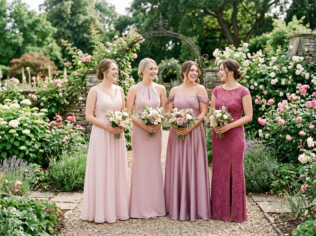 One Color, Different Depths Four women in elegant dresses stand outdoors in a lush garden, each holding a floral bouquet.